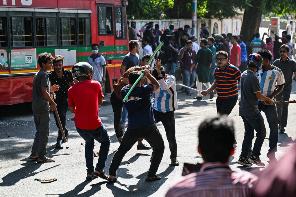Anti-quota protesters and students backing the ruling Awami League party are clashing on Dhaka University campus in Dhaka, Bangladesh, on July 15, 2024. Rival students in Bangladesh are clashing on Monday, leaving at least 100 people injured, as demonstrators opposing quotas for coveted government jobs are battling counter-protesters loyal to the ruling party, police said. (Photo by Zabed Hasnain Chowdhury/NurPhoto via Getty Images)